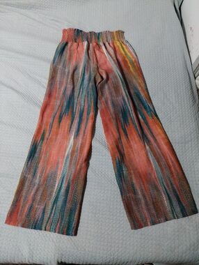 C Est 1946 Smocked-Waist Wide-Leg Pants in Coral & Teal Multicolor